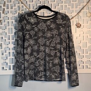 Hang Ten Black White Floral Long Sleeve Top Womens Size L UPF Zip Pocket